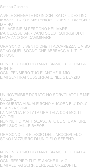 CIELO SERENO
Simona Cancian 

A VELE SPIEGATE HO INCONTRATO IL DESTINOINASPETTATO E MISTERIOSO QUESTO DISEGNO DIVINOLE LACRIME SI PERDONO NEL MARE MA QUASSU’ ARRIVANO SOLO I SORRISI DI CHI DEVE ANCORA CAMMINAREORA SONO IL VENTO CHE TI ACCAREZZA IL VISOSONO QUEL SOGNO CHE ABBRACCIA IL TUO RIPOSONON ESISTONO DISTANZE SIAMO LUCE DALLA FONTEOGNI PENSIERO TUO E’ ANCHE IL MIOE MI SENTIRAI SUSSURRARE NEL SILENZIOUN NOVEMBRE DORATO HO SORVOLATO LE MIE COLLINEDA QUESTA VISUALE SONO ANCORA PIU’ DOLCI E SENZA SPINELA MIA VITA E’ STATA UNA TELA CON MOLTI COLORINON NE HO MAI TRALASCIATO LE SFUMATURE NE’ I SUOI MILLE SAPORIORA SONO IL RIFLESSO DELL’ARCOBALENOSONO L’AZZURRO DI UN CIELO SERENONON ESISTONO DISTANZE SIAMO LUCE DALLA FONTEOGNI RESPIRO TUO E’ ANCHE IL MIOE MI VEDRAI SORRIDERE ALL’ORIZZONTE









