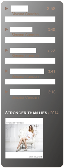 ￼  1. Savior                3:58
      Simona Cancian
________________________

￼  2. Everybody               3:40        
      Simona Cancian
________________________

￼  3. Ogni notte tu           3:50
      Simona Cancian
________________________

￼  4. Stronger than lies    3:41        
      Simona Cancian
________________________

￼  5. In ogni labirinto        3:16
      Simona Cancian


STRONGER THAN LIES / 2014
  ￼


